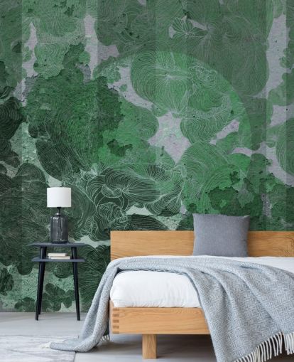 mural abstrato personalizado verde chamado Emerald Leaf Harmony de Giulio Iurissevich para quartos e salas de jantar