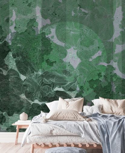mural abstrato personalizado verde chamado Emerald Leaf Harmony de Giulio Iurissevich para quartos e salas de jantar