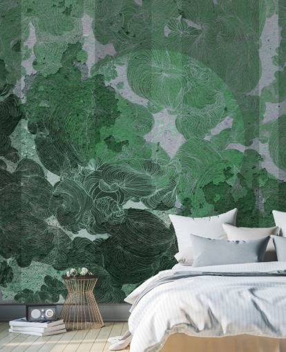 mural abstracto personalizado verde llamado Emerald Leaf Harmony de Giulio Iurissevich para dormitorios y comedores