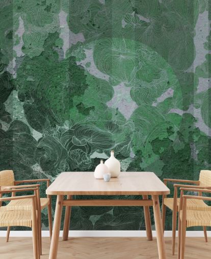 mural abstrato personalizado verde chamado Emerald Leaf Harmony de Giulio Iurissevich para quartos e salas de jantar