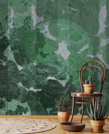 green custom abstract mural called Emerald Leaf Harmony by Giulio Iurissevich for bedrooms and dining rooms