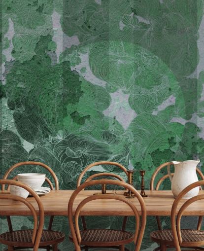 murale astratto personalizzato verde chiamato Emerald Leaf Harmony di Giulio Iurissevich per camere da letto e sale da pranzo