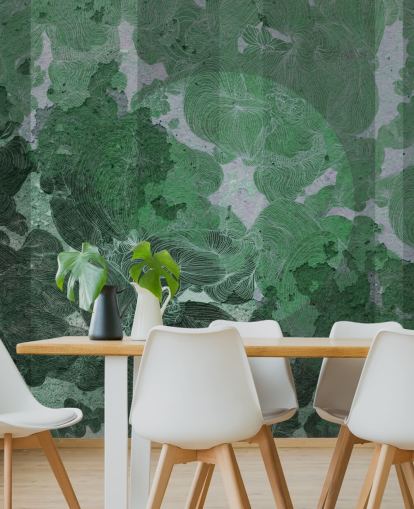 mural abstracto personalizado verde llamado Emerald Leaf Harmony de Giulio Iurissevich para dormitorios y comedores