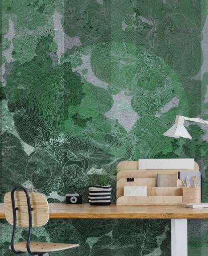 murale astratto personalizzato verde chiamato Emerald Leaf Harmony di Giulio Iurissevich per camere da letto e sale da pranzo
