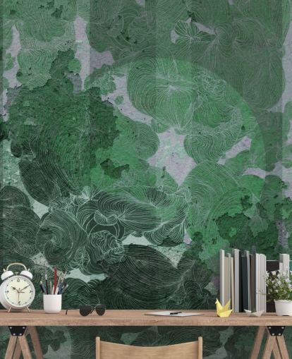 green custom abstract mural called Emerald Leaf Harmony by Giulio Iurissevich for bedrooms and dining rooms