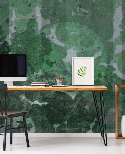 mural abstracto personalizado verde llamado Emerald Leaf Harmony de Giulio Iurissevich para dormitorios y comedores