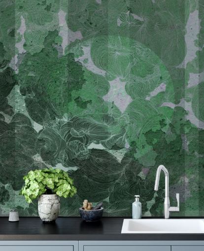 green custom abstract mural called Emerald Leaf Harmony by Giulio Iurissevich for bedrooms and dining rooms