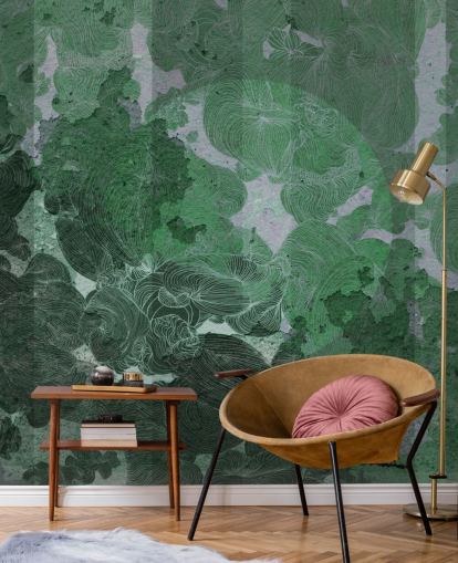 murale astratto personalizzato verde chiamato Emerald Leaf Harmony di Giulio Iurissevich per camere da letto e sale da pranzo
