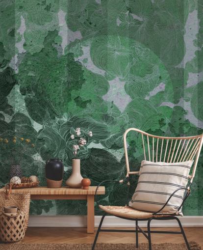 green custom abstract mural called Emerald Leaf Harmony by Giulio Iurissevich for bedrooms and dining rooms