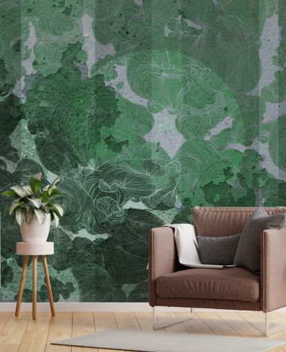 green custom abstract mural called Emerald Leaf Harmony by Giulio Iurissevich for bedrooms and dining rooms