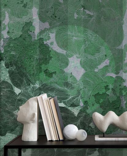 mural abstracto personalizado verde llamado Emerald Leaf Harmony de Giulio Iurissevich para dormitorios y comedores