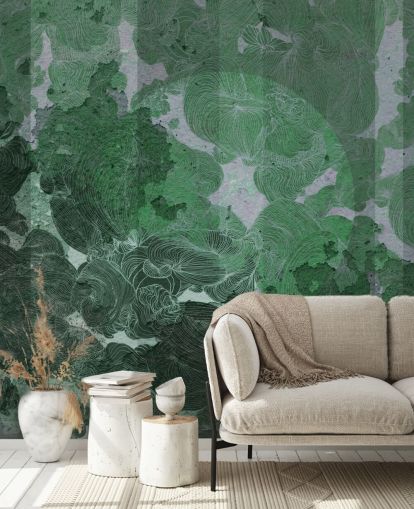 murale astratto personalizzato verde chiamato Emerald Leaf Harmony di Giulio Iurissevich per camere da letto e sale da pranzo
