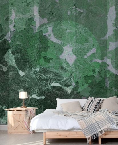 grön anpassad abstrakt väggmålning kallad Emerald Leaf Harmony av Giulio Iurissevich för sovrum och matsalar grön anpassad abstrakt väggmålning kallad Emerald Leaf Harmony av Giulio Iurissevich för sovrum och matsalar