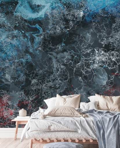 aangepaste donkere abstracte muurschildering genaamd Explosion van Giulio Iurissevich voor slaapkamers, gangen en meer