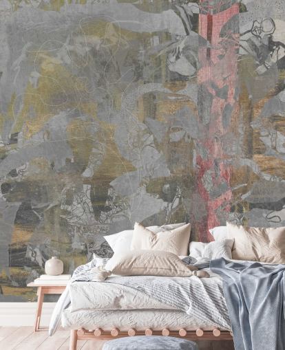 mural florestal abstrato cinza e dourado chamado Golden Mist Forest de Giulio Iurissevich