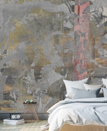 mural abstracto de bosque gris y dorado llamado Golden Mist Forest de Giulio Iurissevich