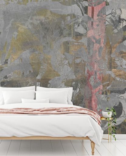 mural abstracto de bosque gris y dorado llamado Golden Mist Forest de Giulio Iurissevich