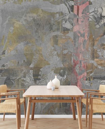 mural abstracto de bosque gris y dorado llamado Golden Mist Forest de Giulio Iurissevich