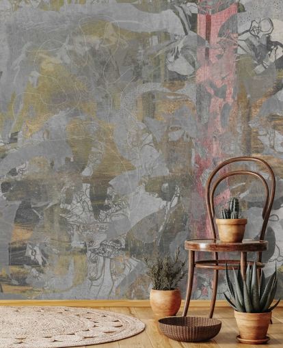 grey and gold abstract forest mural called Golden Mist Forest by Giulio Iurissevich