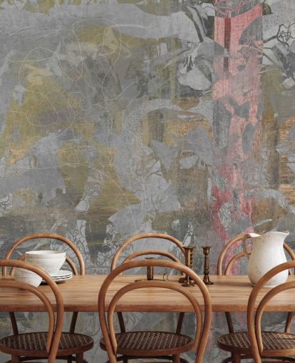 mural abstracto de bosque gris y dorado llamado Golden Mist Forest de Giulio Iurissevich