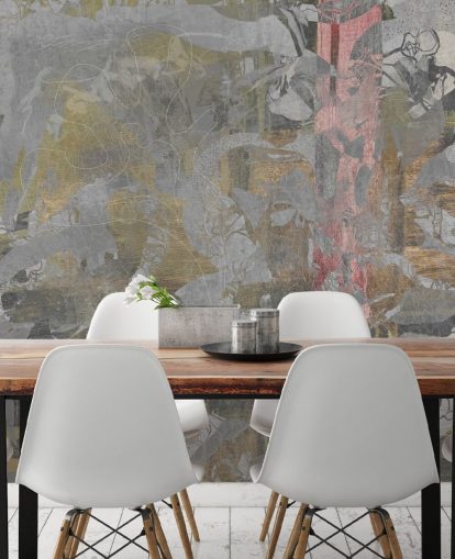 mural abstracto de bosque gris y dorado llamado Golden Mist Forest de Giulio Iurissevich