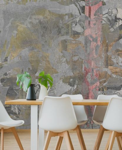 mural abstracto de bosque gris y dorado llamado Golden Mist Forest de Giulio Iurissevich