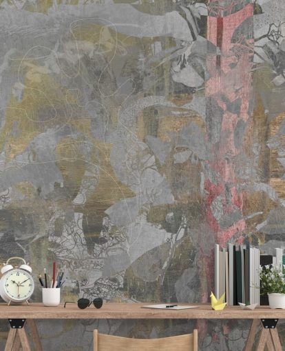 murale astratto grigio e oro chiamato Golden Mist Forest di Giulio Iurissevich