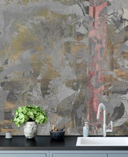 mural abstracto de bosque gris y dorado llamado Golden Mist Forest de Giulio Iurissevich