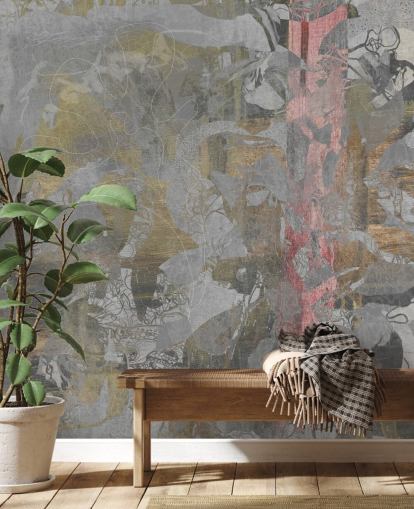 mural abstracto de bosque gris y dorado llamado Golden Mist Forest de Giulio Iurissevich