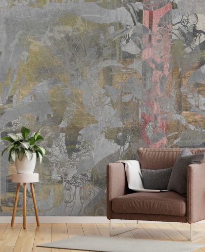 grijze en gouden abstracte bosmuurschildering genaamd Golden Mist Forest van Giulio Iurissevich