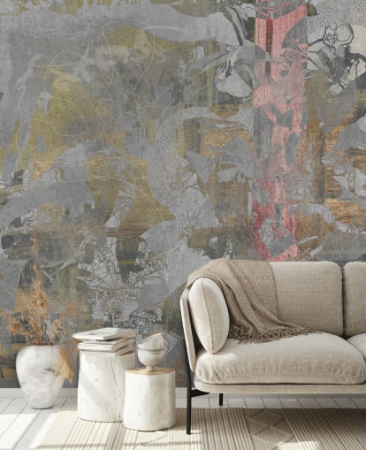 murale astratto grigio e oro chiamato Golden Mist Forest di Giulio Iurissevich