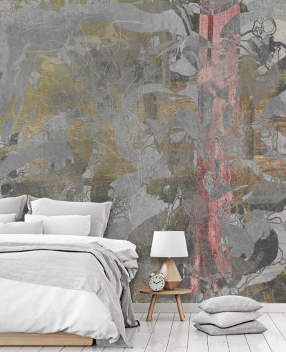 gray and gold abstract forest mural called Golden Mist Forest by Giulio Iurissevich