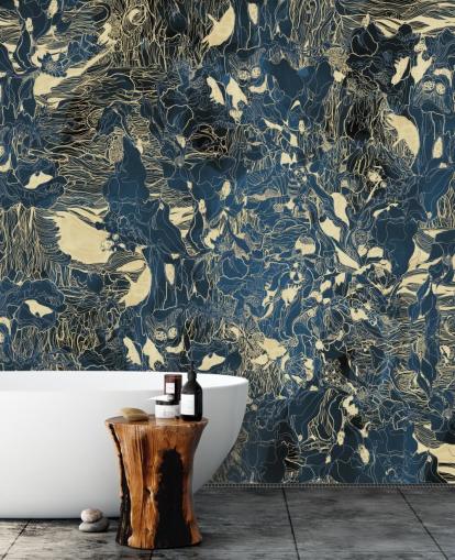 blue and gold custom abstract mural called Mystic Forest Reflections by Giulio Iurissevich for bedrooms and bathrooms