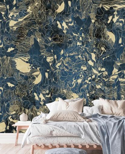 mural abstracto personalizado azul y dorado llamado Mystic Forest Reflections de Giulio Iurissevich para dormitorios y baños