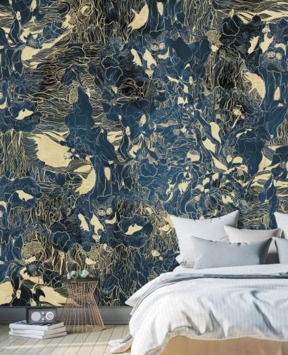mural abstracto personalizado azul y dorado llamado Mystic Forest Reflections de Giulio Iurissevich para dormitorios y baños