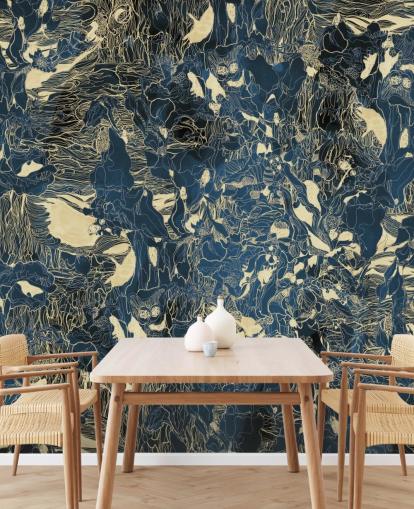 mural abstracto personalizado azul y dorado llamado Mystic Forest Reflections de Giulio Iurissevich para dormitorios y baños