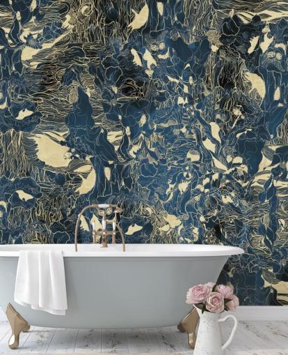 mural abstrato personalizado em azul e dourado chamado Mystic Forest Reflections de Giulio Iurissevich para quartos e banheiros