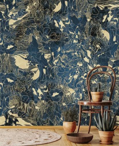 mural abstrato personalizado em azul e dourado chamado Mystic Forest Reflections de Giulio Iurissevich para quartos e banheiros mural abstrato personalizado em azul e dourado chamado Mystic Forest Reflections de Giulio Iurissevich para quartos e banheiros