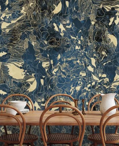 blue and gold custom abstract mural called Mystic Forest Reflections by Giulio Iurissevich for bedrooms and bathrooms