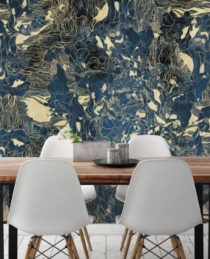 mural abstracto personalizado azul y dorado llamado Mystic Forest Reflections de Giulio Iurissevich para dormitorios y baños