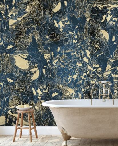 blue and gold custom abstract mural called Mystic Forest Reflections by Giulio Iurissevich for bedrooms and bathrooms