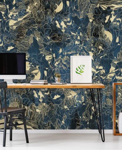 mural abstracto personalizado azul y dorado llamado Mystic Forest Reflections de Giulio Iurissevich para dormitorios y baños