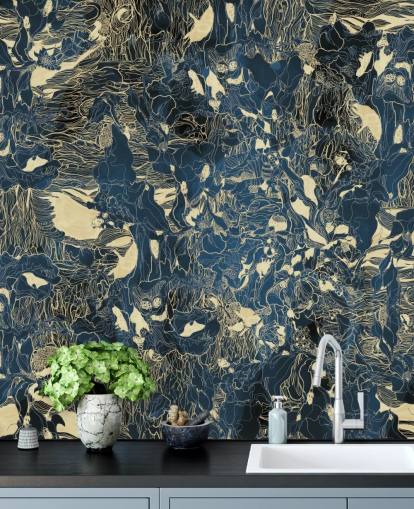 blue and gold custom abstract mural called Mystic Forest Reflections by Giulio Iurissevich for bedrooms and bathrooms blue and gold custom abstract mural called Mystic Forest Reflections by Giulio Iurissevich for bedrooms and bathrooms