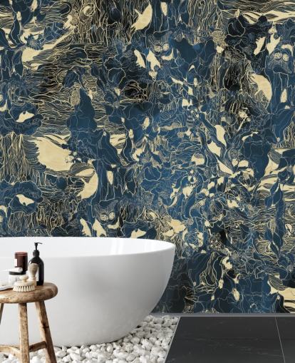 mural abstracto personalizado azul y dorado llamado Mystic Forest Reflections de Giulio Iurissevich para dormitorios y baños