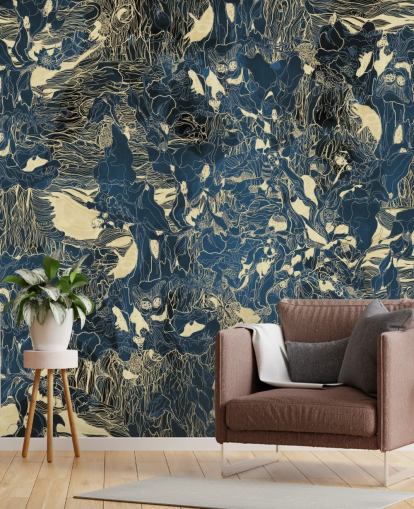 blue and gold custom abstract mural called Mystic Forest Reflections by Giulio Iurissevich for bedrooms and bathrooms