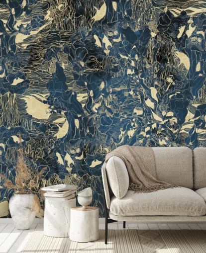 blue and gold custom abstract mural called Mystic Forest Reflections by Giulio Iurissevich for bedrooms and bathrooms