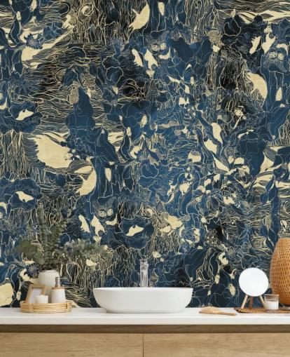 mural abstracto personalizado azul y dorado llamado Mystic Forest Reflections de Giulio Iurissevich para dormitorios y baños