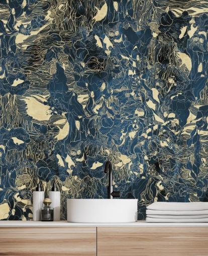 blue and gold custom abstract mural called Mystic Forest Reflections by Giulio Iurissevich for bedrooms and bathrooms