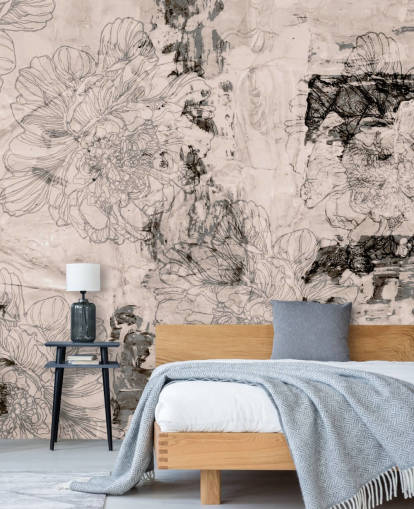 mural floral abstrato personalizável rosa e cinza chamado Peony Whisper Harmony de Giulio Iurissevich para quartos