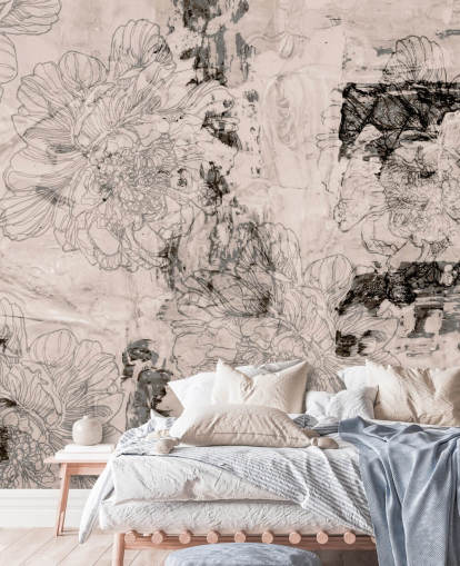 roze en grijze aanpasbare abstracte bloemenmuurschildering genaamd Peony Whisper Harmony van Giulio Iurissevich voor slaapkamers roze en grijze aanpasbare abstracte bloemenmuurschildering genaamd Peony Whisper Harmony van Giulio Iurissevich voor slaapkamers